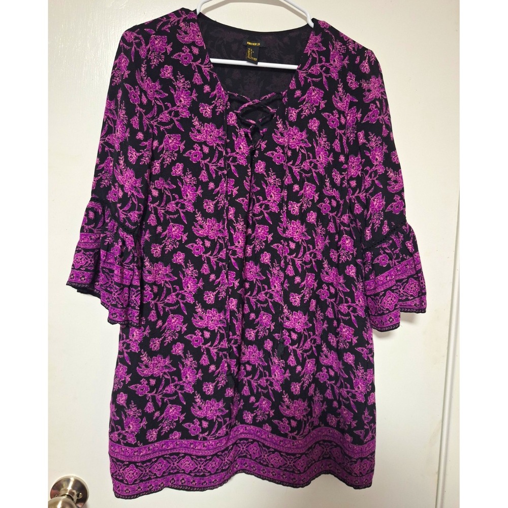 Forever 21 Dress Women Large Black Purple Floral Bell Sleeve Lace Up Boho Mini